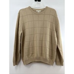 Presswick Sweater Mens Sz XL Tan Cotton  Pullover Squares Long Sleeve Crew Neck